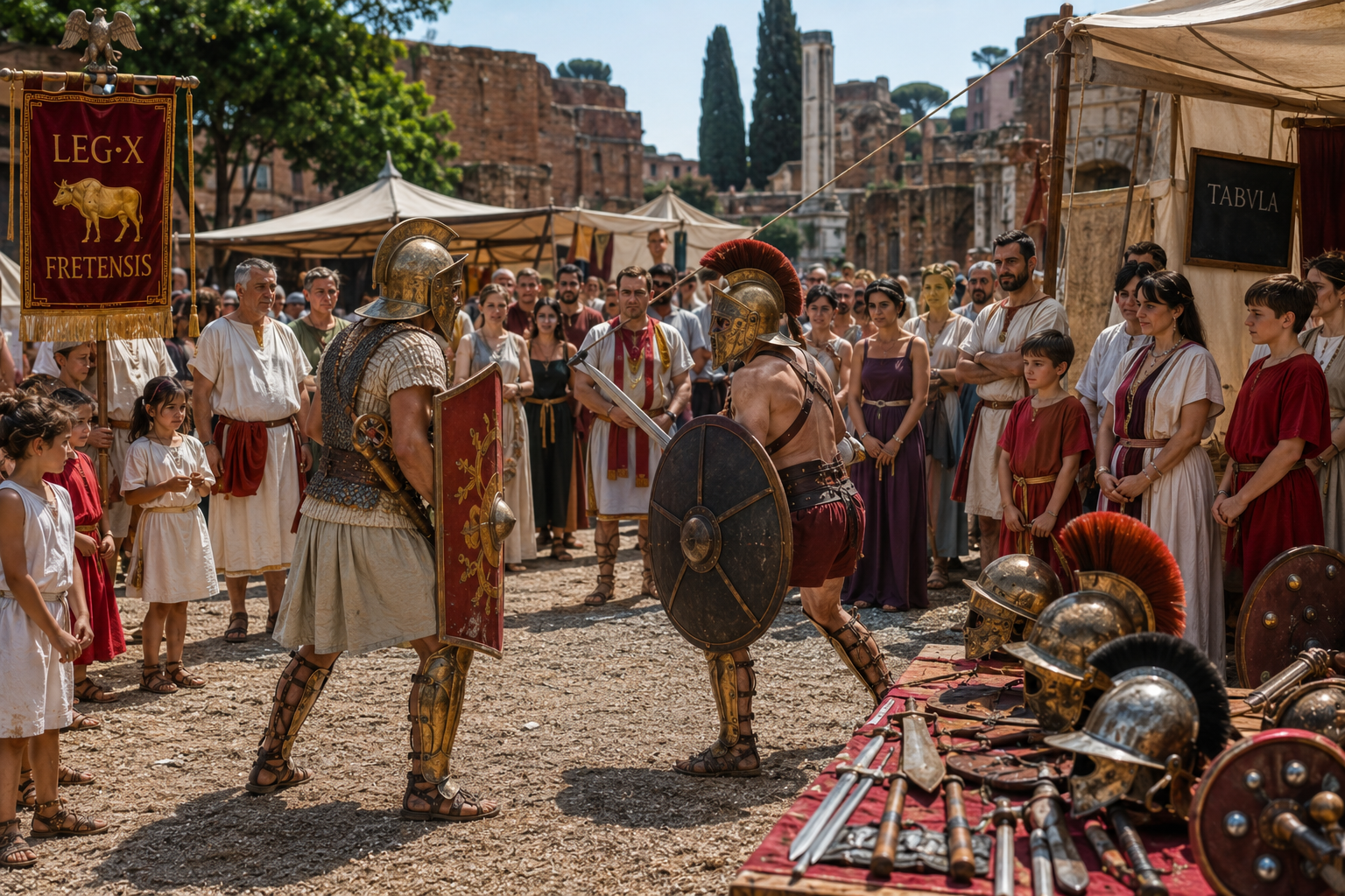 Gladiators showing off their weapons and combat techniques